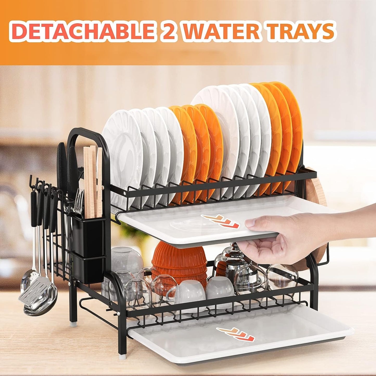 2-Tier Dish Drying Rack for Kitchen Counter - Black Stainless Steel