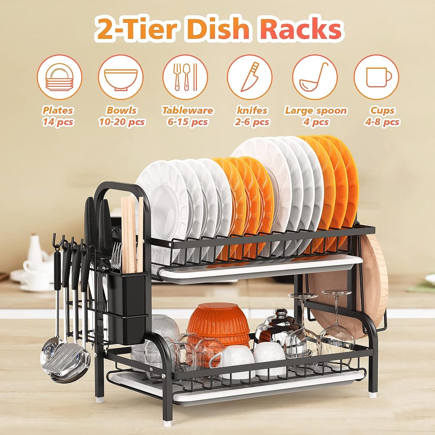 2-Tier Dish Drying Rack for Kitchen Counter - Black Stainless Steel