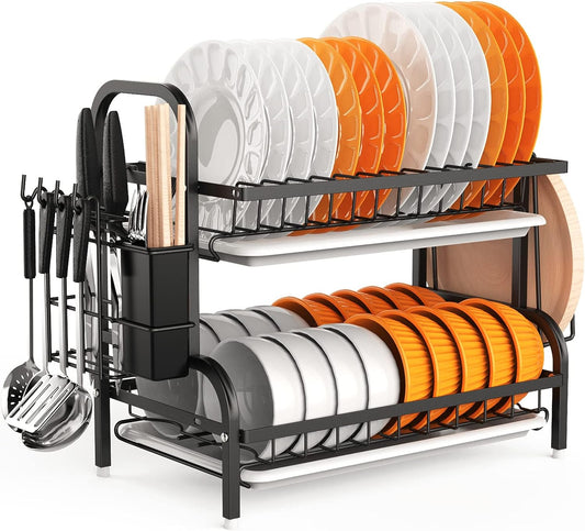 2-Tier Dish Drying Rack for Kitchen Counter - Black Stainless Steel