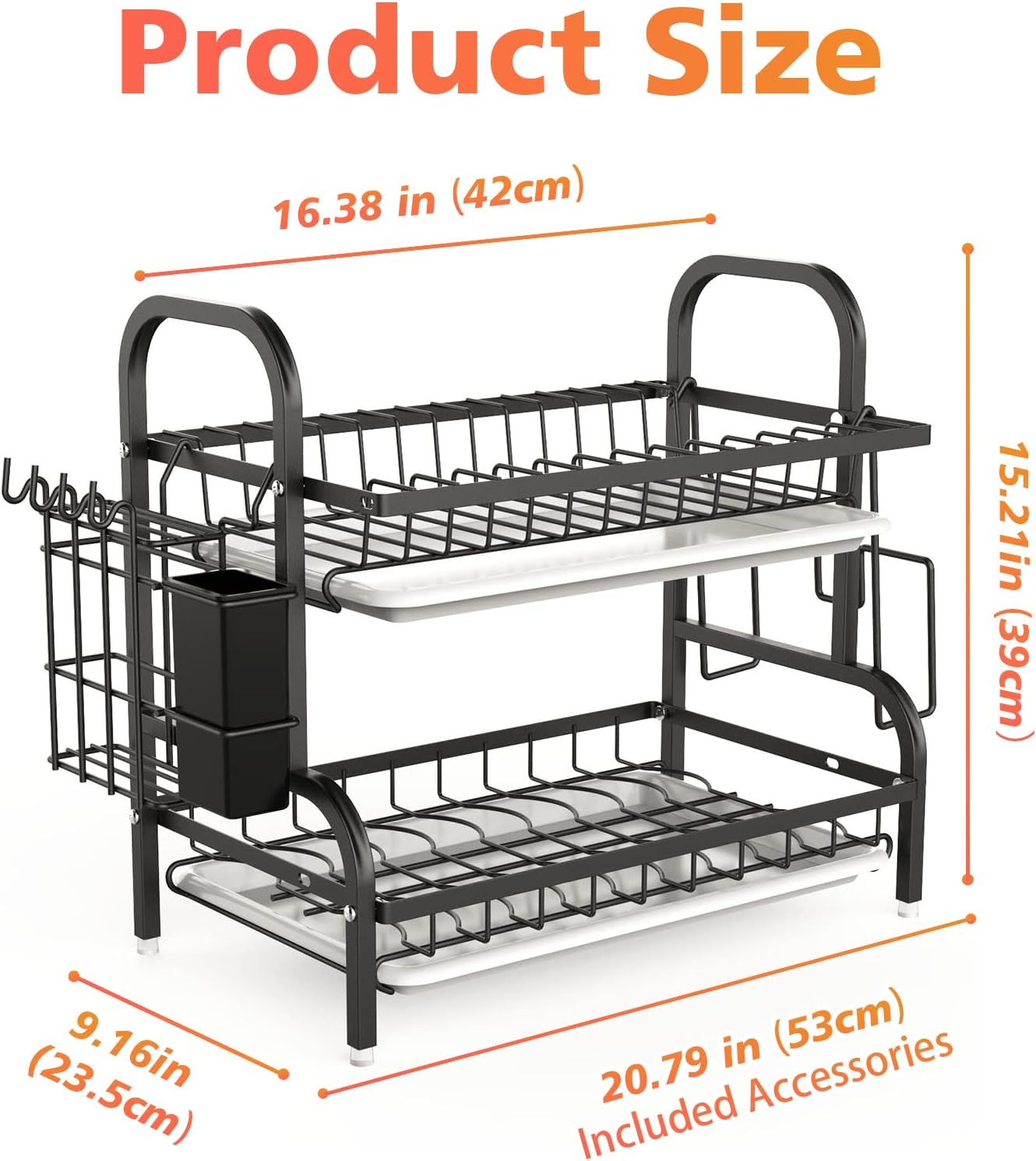 2-Tier Dish Drying Rack for Kitchen Counter - Black Stainless Steel